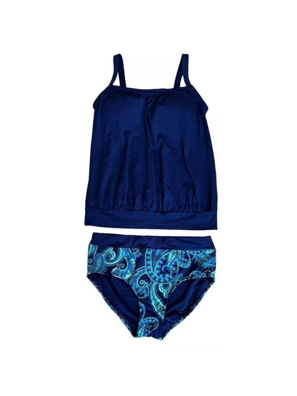 Lands End Navy Blue Paisley Blouson Tankini Top & Bottoms Swimsuit 6D